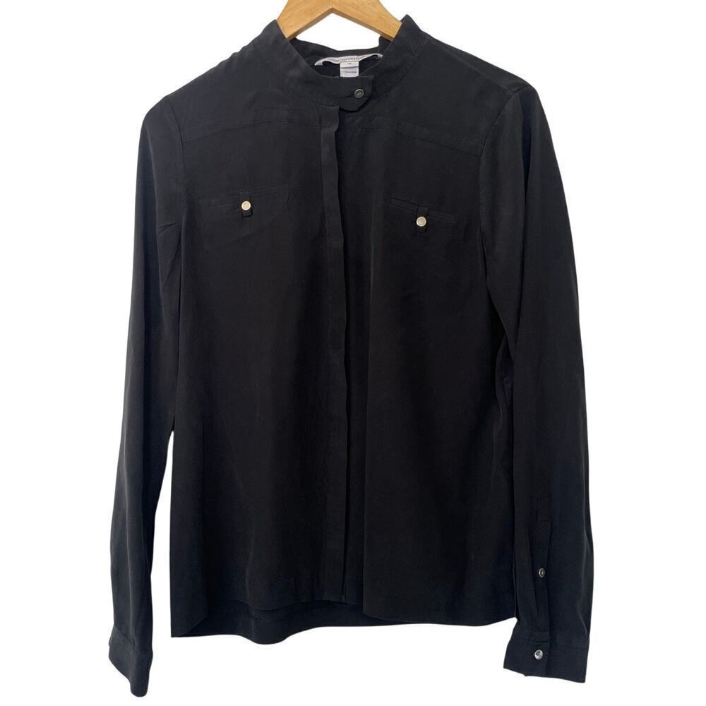 Diane von Furstenburg 100% Silk Black Long Sleeve Button Up Top • Sz 12 ⬇️